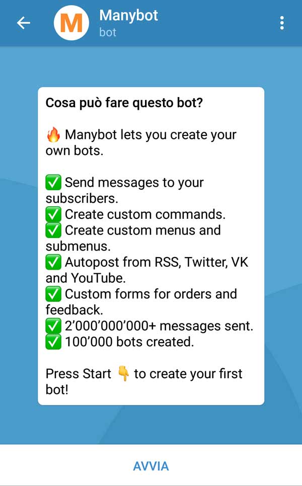 Come creare un bot su Telegram - Avvio di ManyBot